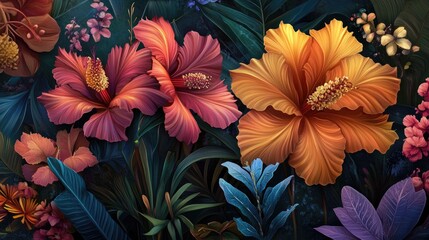 Fototapeta premium Vivid Tropical Hibiscus Flowers And Lush Foliage