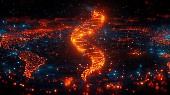 Glowing DNA helix above digital world map, global genetics research
