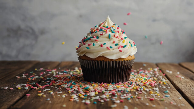 Close up of a chocolate sundae cupcake with colored sprinkles