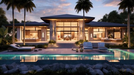 Modern Tropical House With Infinity Pool At Dusk
