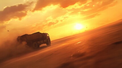 Fototapeta premium Speedy Cargo Truck on Desert Highway at Sunset