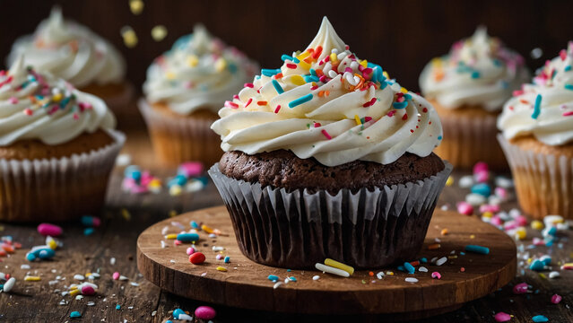 Close up of a chocolate sundae cupcake with colored sprinkles
