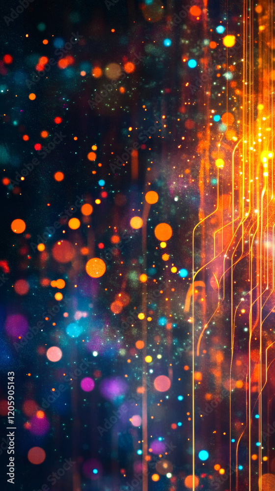 Poster Abstract background with colorful bokeh lights and glowing lines, creating a festive and celebratory mood