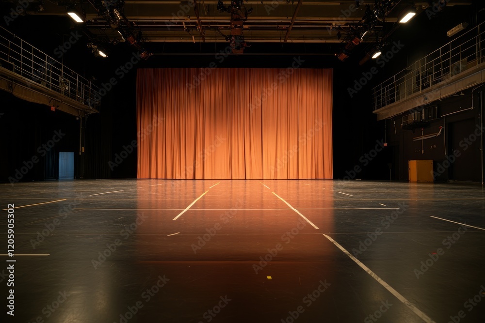 Aufkleber a red curtain is slightly open on a theater stage, revealing soft stage lighting that casts long sha