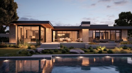 Modern Stone House with Infinity Pool at Dusk