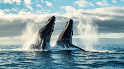 Fototapeta premium Two humpback whales perform a graceful water ballet.