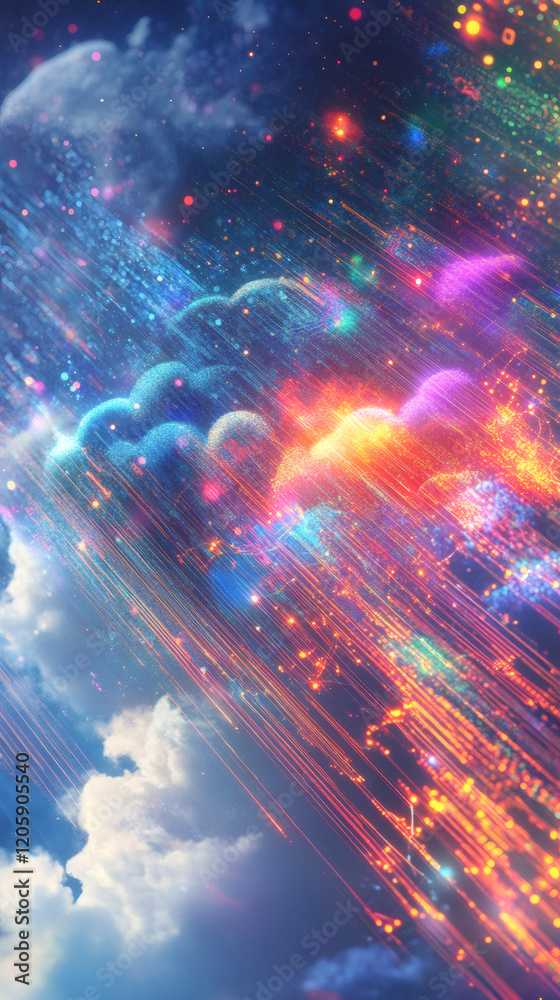 Fototapete colorful particle streams falling from colorful digital clouds in a digital sky, data transmission c
