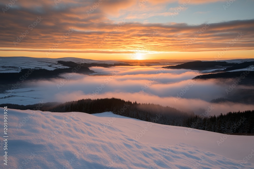 Aufkleber The view captures a snow-covered mountain range bathed in golden light as the sun rises, with layers of mist drifting through the valleys, creating tranquility