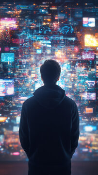 Data analyst working on complex software algorithms through holographic screen, processing advanced big data visualization