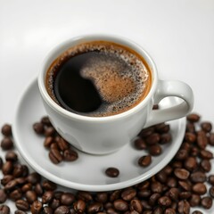 Coffee cup, espresso, white porcelain, saucer, coffee beans, close-up, frothy crema, dark roast, aromatic, high contrast, steam rising, rich texture, morning ritual, cafe ambiance, gourmet coffee