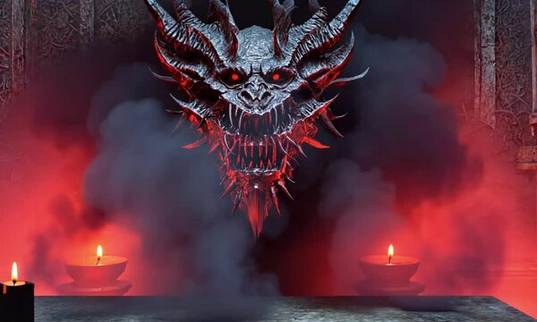 A dark ritual unleashes a demon, face slowly forms swirling smoke of an ancient incantation. demon&rsquo;s features are sharp and evil, its mouth opens to reveal rows of sharp teeth