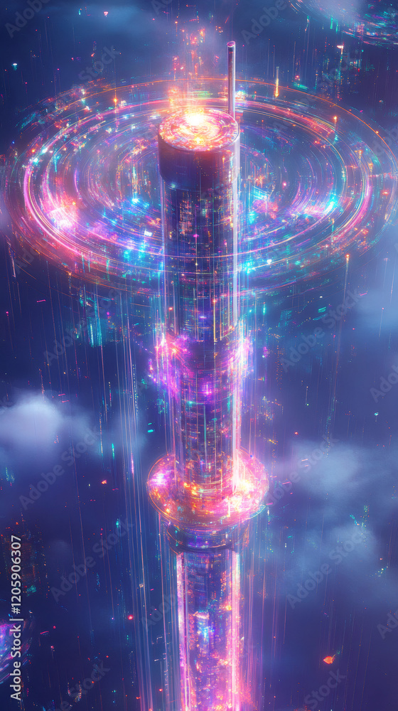 Leinwandbilder glowing futuristic data transmission tower emitting vibrant streams of light, symbolizing global net
