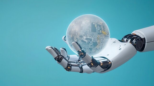 A robotic hand holds a transparent globe filled with data, symbolizing the intersection of technology and global connectivity.