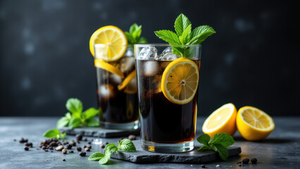 Fototapeta premium Refreshing lemon-infused detox beverages garnished with mint leaves on a dark table.