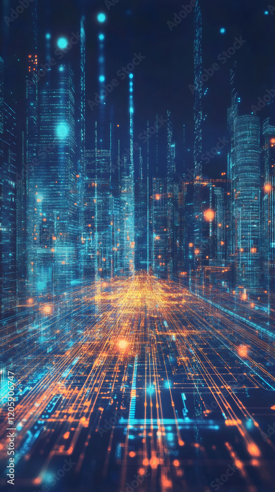 Fototapete Futuristic cityscape with glowing lines representing data flow and interconnectedness in a smart city