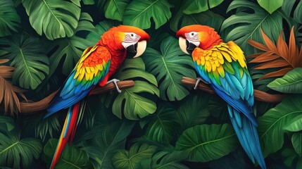 Obraz premium Two vibrant macaws perched amongst lush tropical foliage