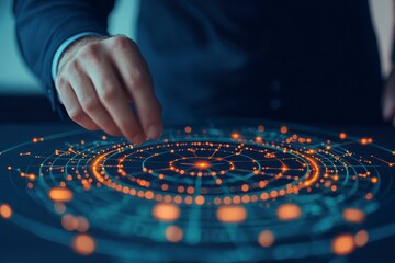A hand interacts with a glowing digital interface displaying interconnected dots and lines, symbolizing data visualization and technology.