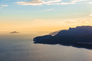 Beautiful landscape with sea and rocks, sunset on the Mediterranean sea, France.