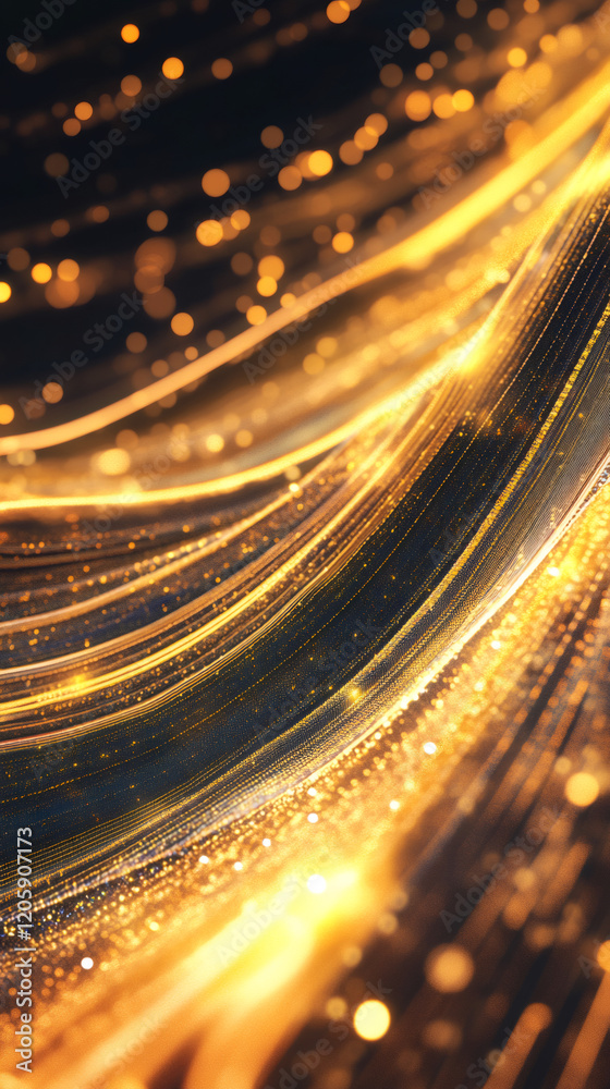 Poster Golden particles swirling dynamically, generating fluid curved lines against deep darkness, evoking luxurious festive elegance