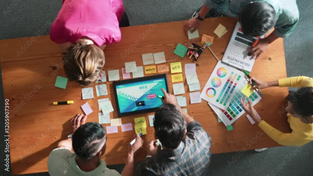 Poster top view of skilled business people working together to design web design. aerial view of designer b