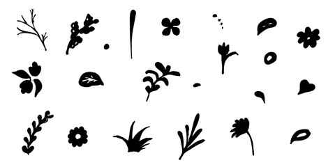 Hand-Drawn Floral Silhouettes and Decorative Elements