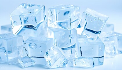 Obraz premium Ice cubes, transparent, crystalline, cold, frozen water, melting, reflective surface, light blue tint, macro photography, high detail, soft lighting, clean background