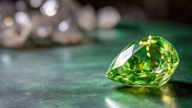 Vibrant green gemstone on reflective surface with small golden fragments