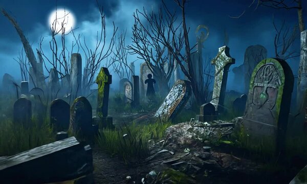 Picture a graveyard on Halloween night ground trembles as vengeful spirits rise graves. faces are twisted with fury, their eyes black soulless