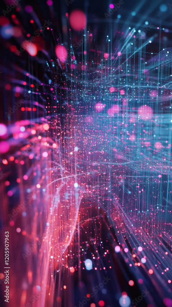 Poster Futuristic network communication concept with abstract lines and dots forming a complex web of interconnected data streams