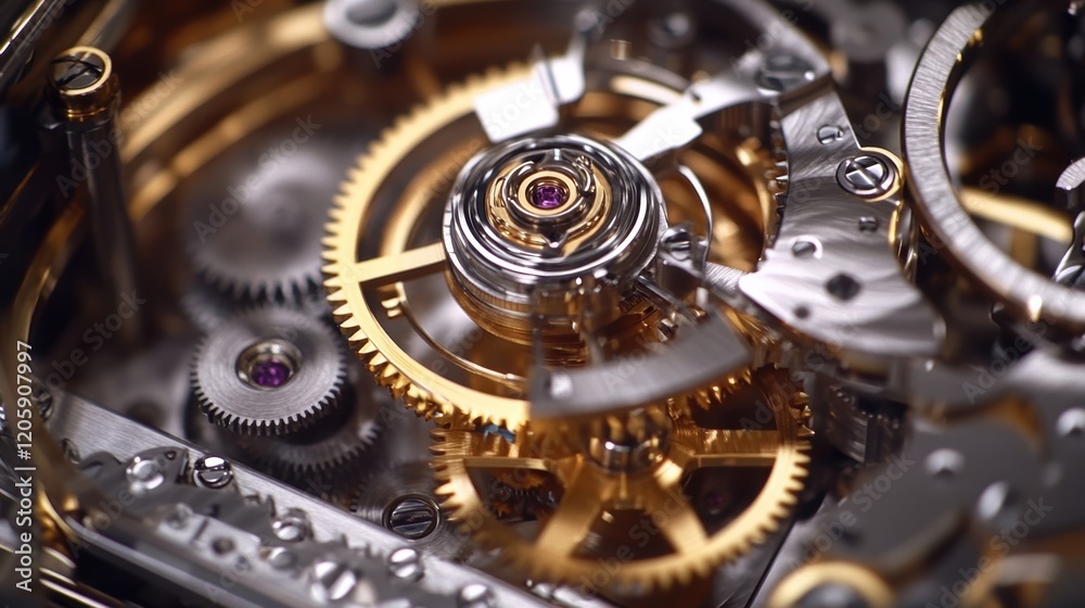 Poster close up view of complex watch mechanism with multiple gears and components interacting, showcasing 