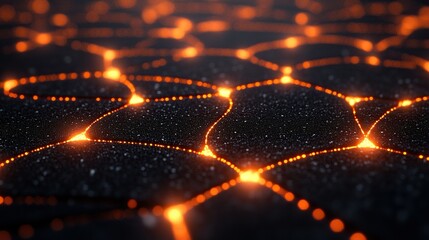 Glowing interconnected network on dark textured surface with shimmering background