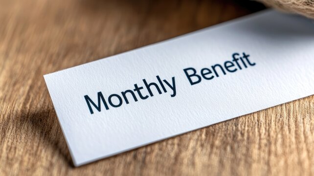 Note labeled "Monthly Benefit" on wooden surface