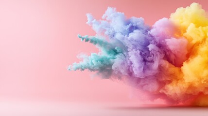 Vibrant multicolored smoke cloud against pink background