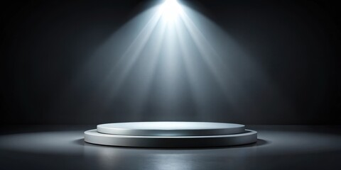Simple podium centered on minimalist stage with soft spotlight illumination, surrounded by dark or contrasting background , illumination, spotlight