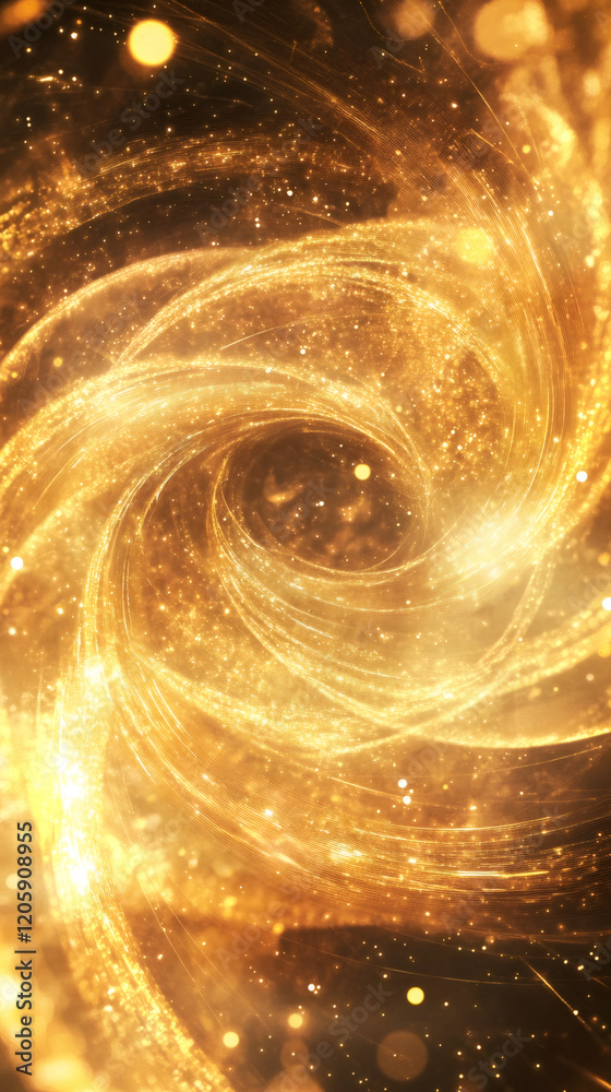 Poster luminous golden spiral swirling with glittering particles, generating opulent holiday ambiance throu