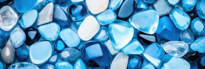 A collection of polished blue gemstones and crystals is carefully arranged, showcasing their vivid light blue hues and intricate details in a high-contrast macro presentation.
