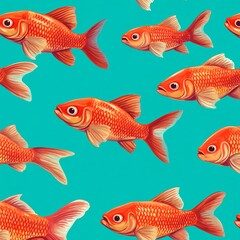 Fototapeta premium Group of gold fish in cartoon style, seamless pattern on a green background.