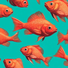Fototapeta premium Group of gold fish in cartoon style, seamless pattern on a green background.