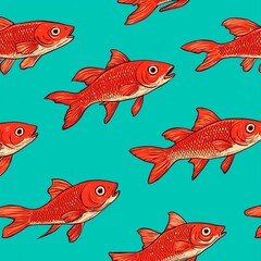 Fototapeta premium Group of gold fish in cartoon style, seamless pattern on a green background.