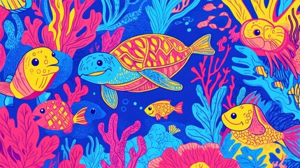 Fototapeta premium A vibrant and fun underwater world featuring smiling fish, turtles, and seaweed, with easy-to-follow outlines and whimsical elements for kidsâ€™ coloring activities