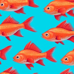 Naklejka premium Group of red fish in cartoon style, seamless pattern on a turquoise background.