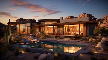 Obraz premium Modern Desert House with Pool at Sunset