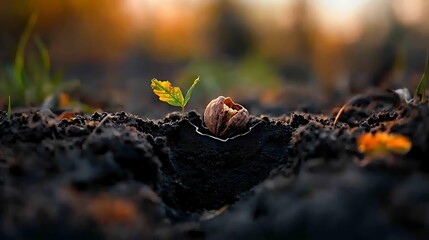 Fototapeta premium Sprout emerging from walnut shell in dark soil at sunset; nature, growth, new life