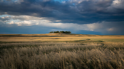 Vast prairie under dramatic skies, golden grass fields, solitary hill with ancient trees, and contrasting sunlight and storm clouds