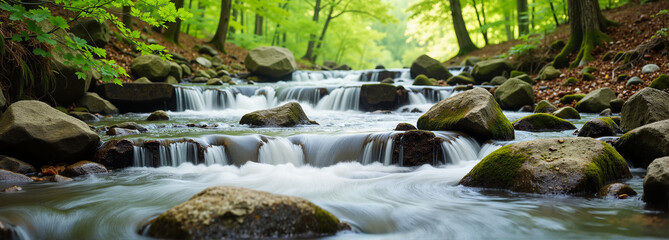 Fototapeta premium Flowing stream with smooth rocks in a lush green forest