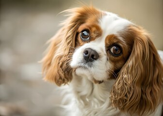 Cavalier King Charles Spaniel dog gazing directly at the camera in a soft-focus portrait. Generative AI.