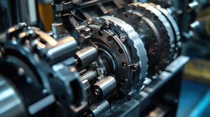 Naklejka premium Metallic components of an electric motor are displayed, highlighting the precision engineering and manufacturing processes involved in creating complex machinery