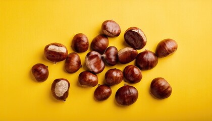 Obraz premium Chestnuts on a yellow background top view