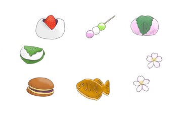 set of Japanese sweets(春の和菓子セット桜餅三色団子苺大福柏餅どら焼きたい焼き桜手書き風イラスト)