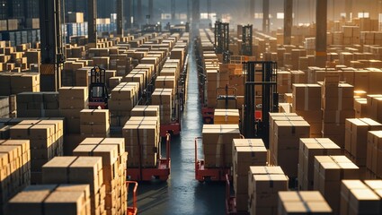 Retail warehouse full of shelves with goods in cartons, with pallets and forklifts. Logistics and transportation blurred background. Product distribution center
